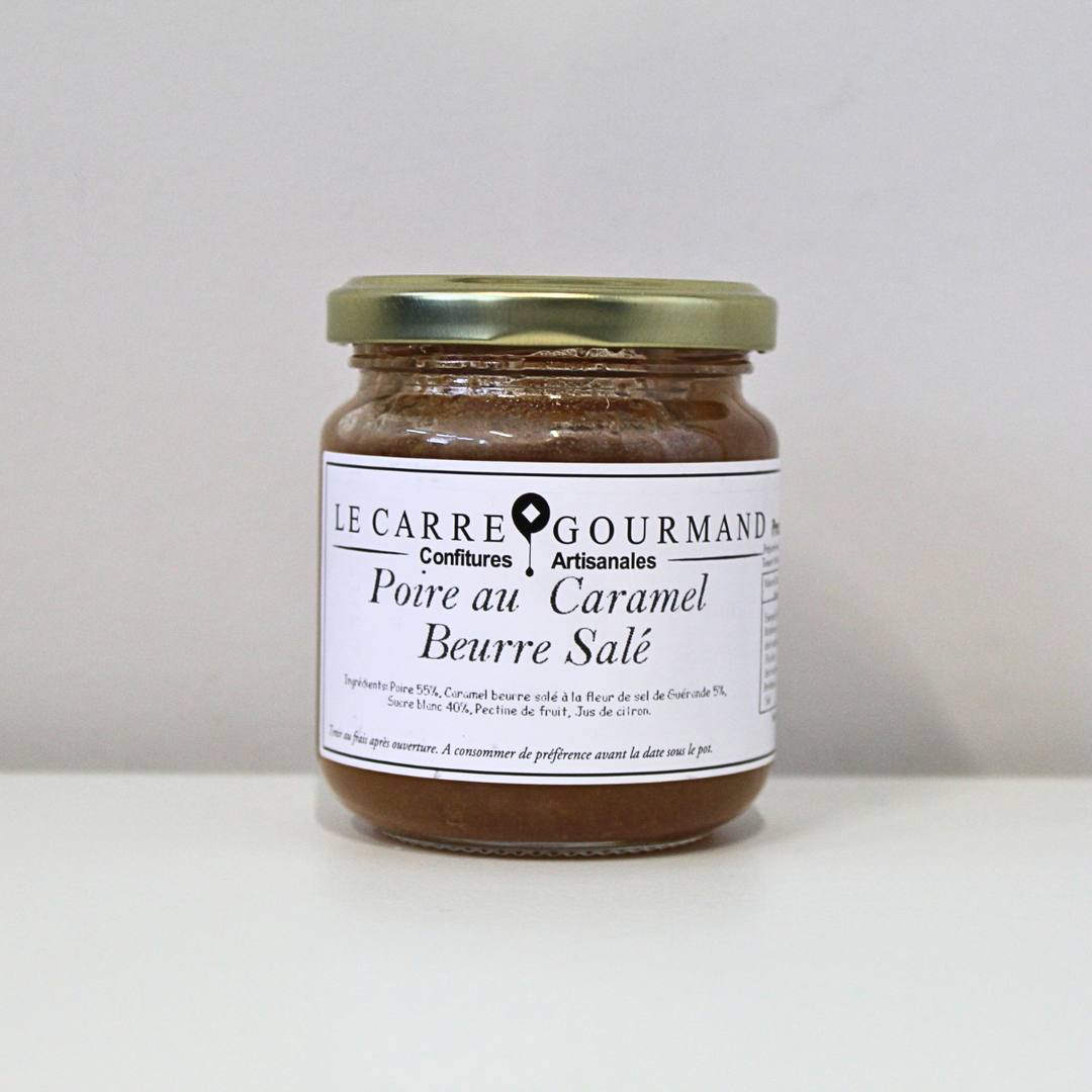 Pot de 220g de confiture artisanale poire au caramel beurre salé Le Carré Gourmand Céret