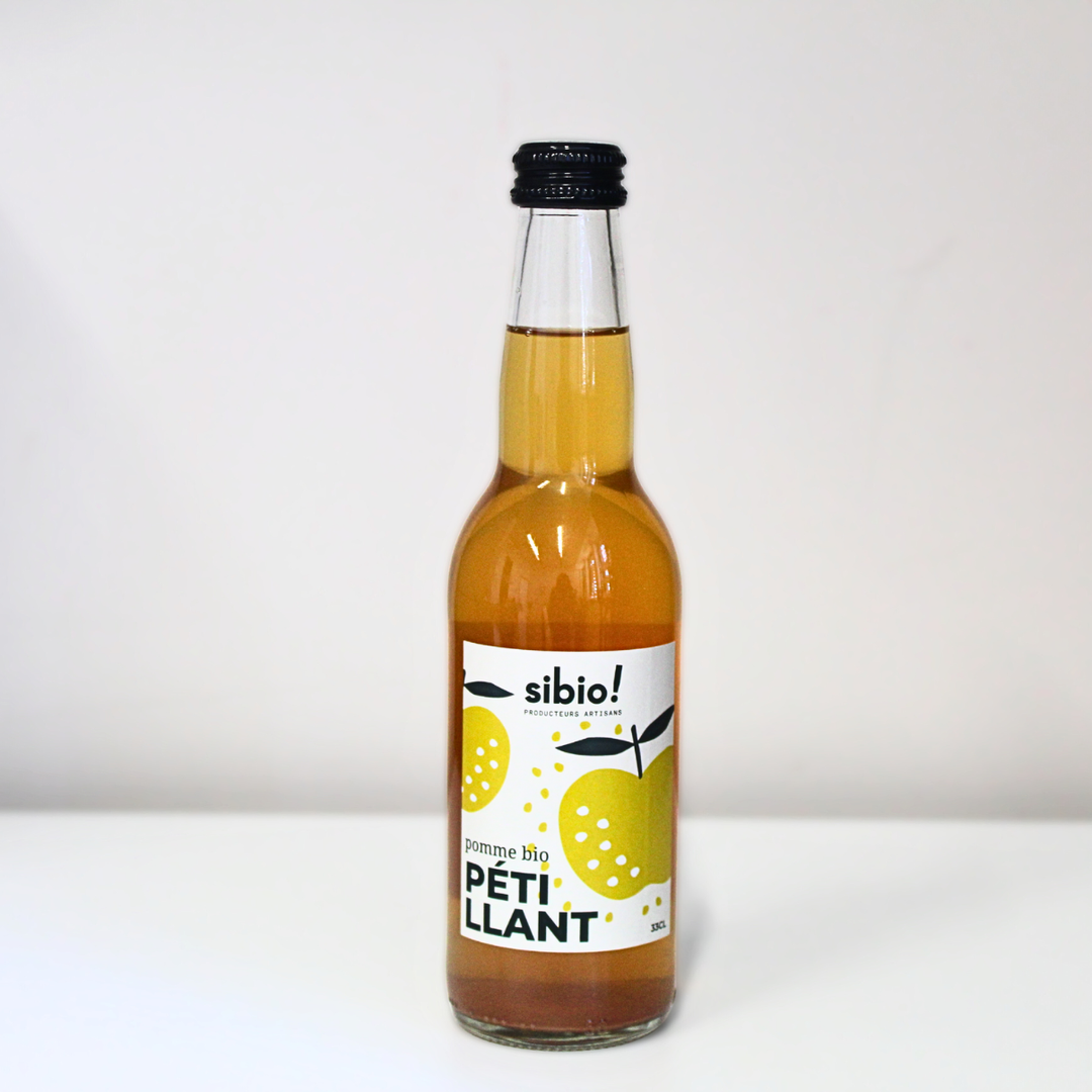 Bouteille de 33cl de jus de pomme bio pétillant artisanal Sibio de Thuir