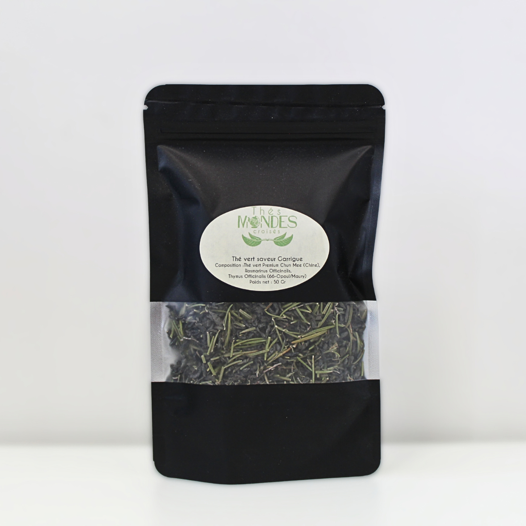 Sachet de thé vert artisanal saveur garrigue Thés Mondes Croisés Perpignan 50g