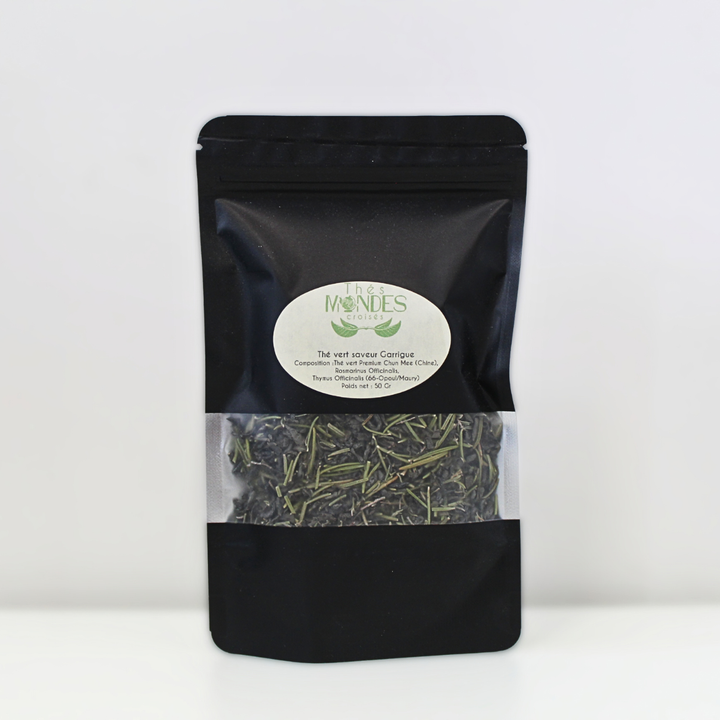 Sachet de thé vert artisanal saveur garrigue Thés Mondes Croisés Perpignan 50g
