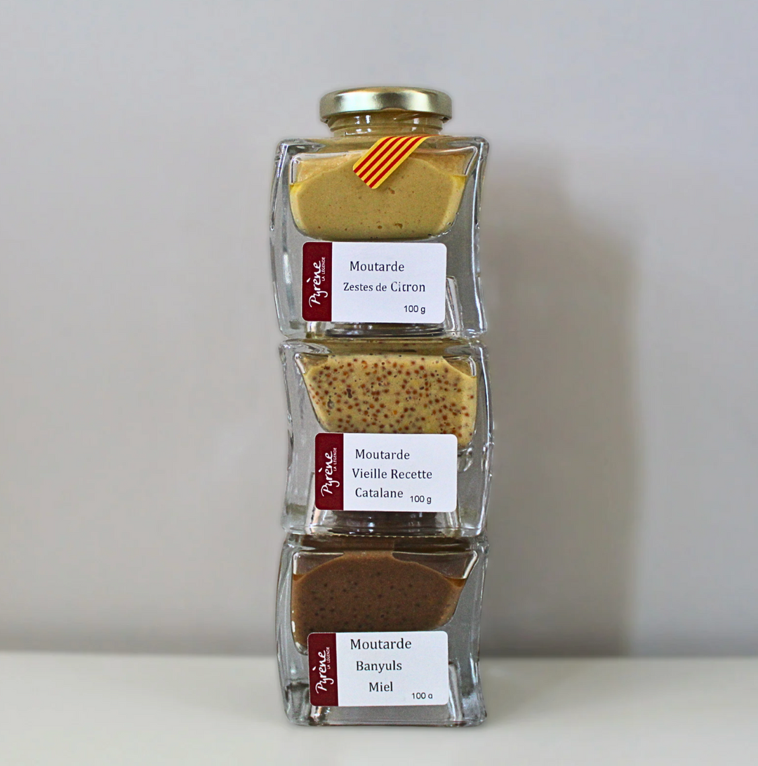Trio de pots empilables de moutarde catalane traditionnelle citron et Banyuls miel Saillagouse
