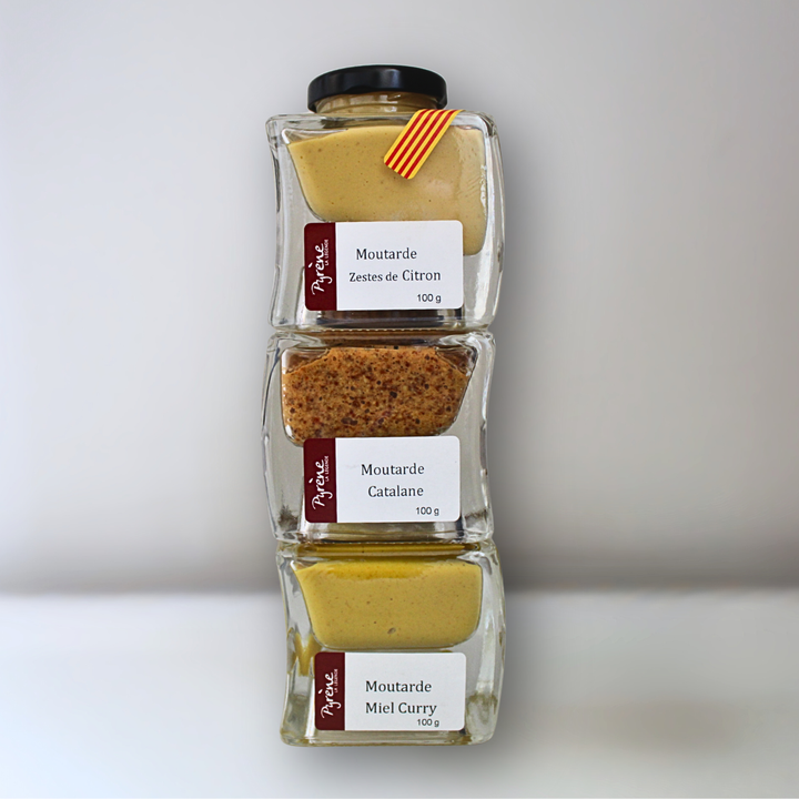 Pots empilables de 3x100g de moutardes artisanales catalanes citron et miel curry