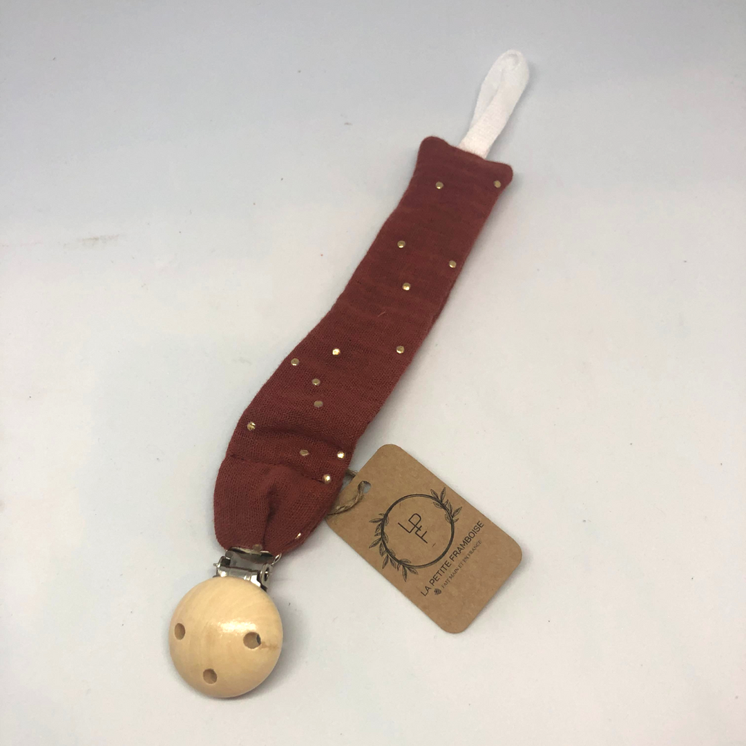 Attache-tétine en bois et gaze de coton