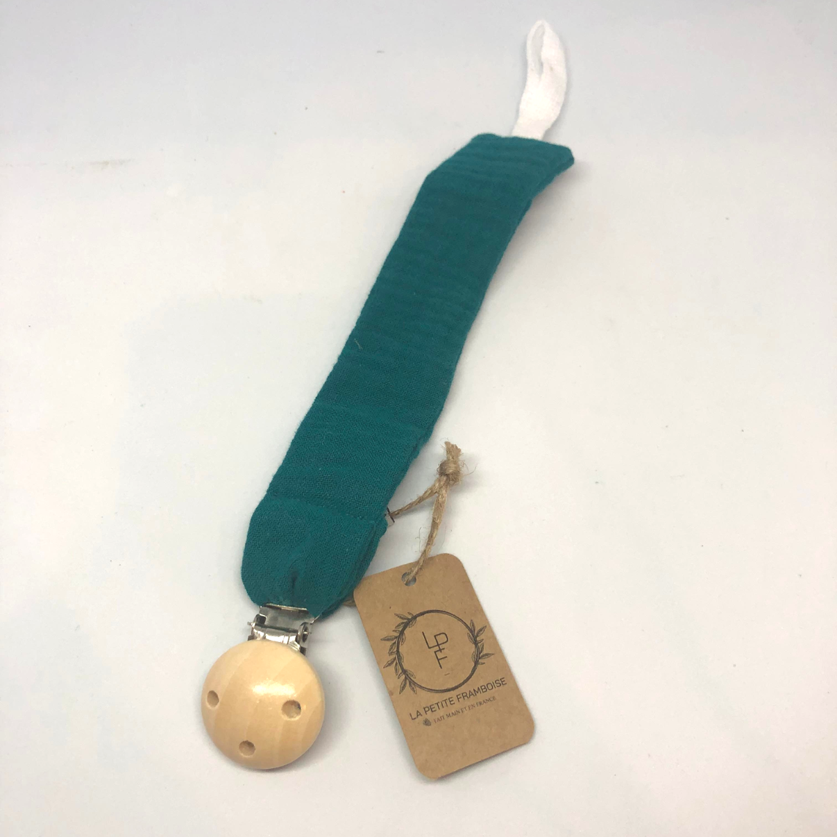 Attache-tétine en bois et gaze de coton