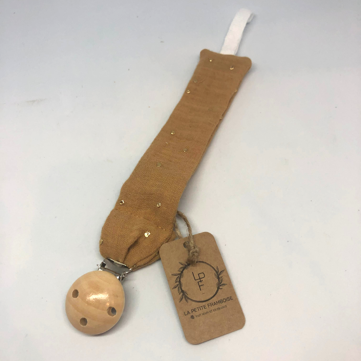 Attache-tétine en bois et gaze de coton